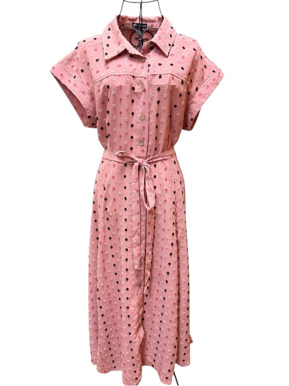 Nina Leonard Pink Eyelet Midi Full Button Down Shirt Dress with Tie Waist